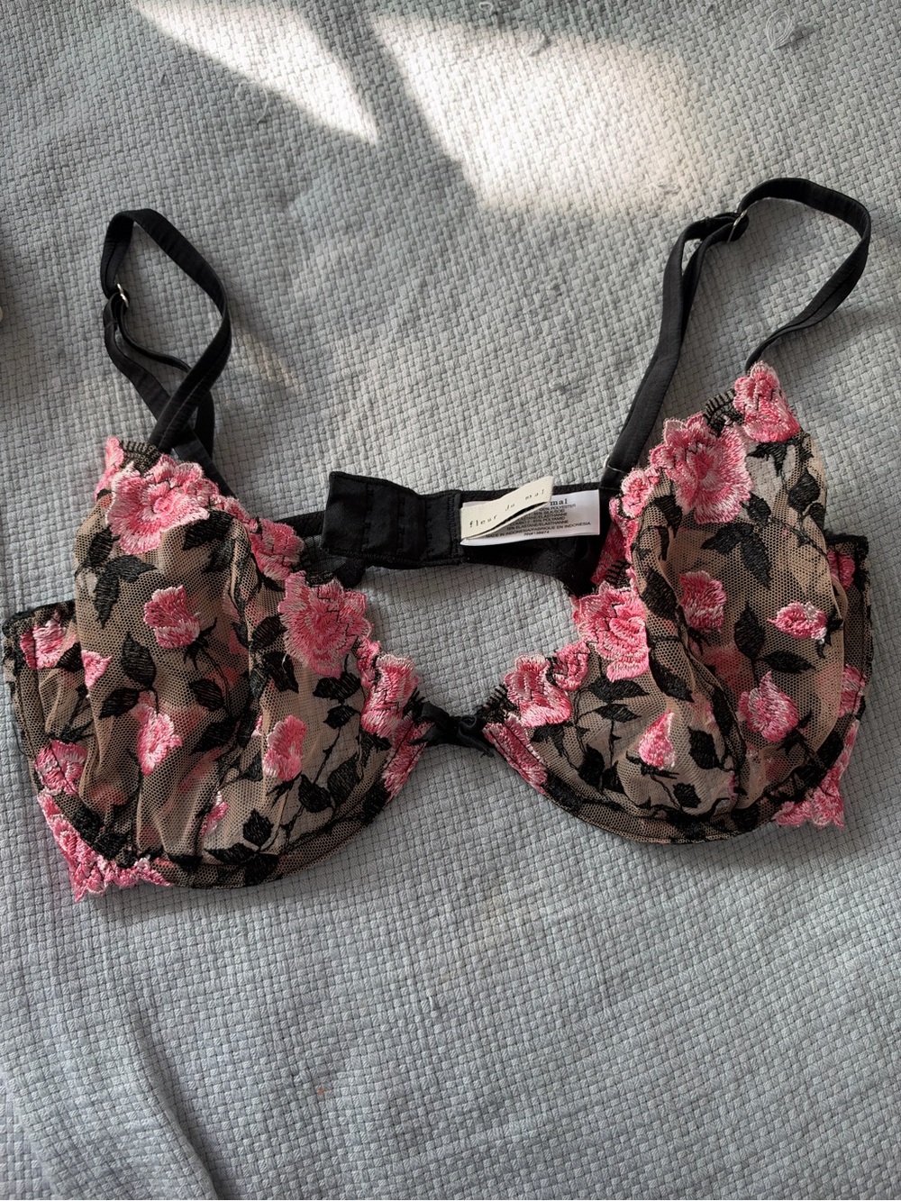 Sheer Floral Embroidered Balconette Bra - Pink size 36C